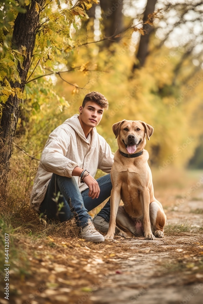 shot of a young man out in nature with his dog shot of a young man out in nature with his dog