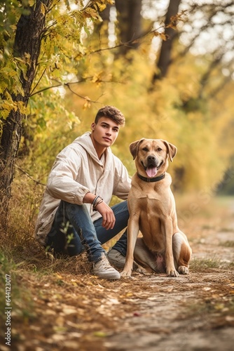 shot of a young man out in nature with his dog