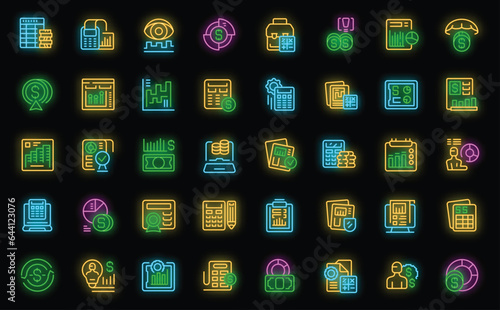 Accounts manager icons set outline vector. Financial money. Control account neon color on black