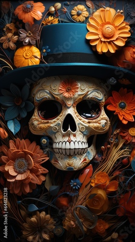 A skull wearing a top hat surrounded by flowers. Digital image. Halloween character.