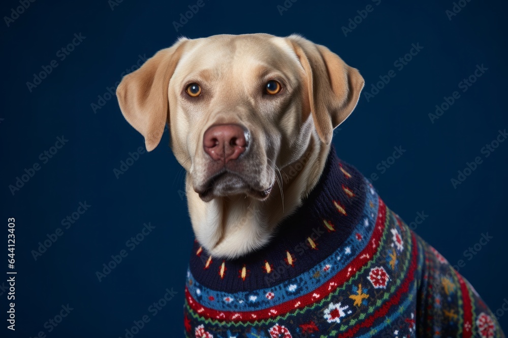 Medium shot portrait photography of a cute labrador retriever wearing a festive sweater against a deep indigo background. With generative AI technology