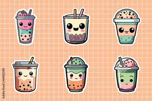  Cute Boba Drinks Vector Sticker Set