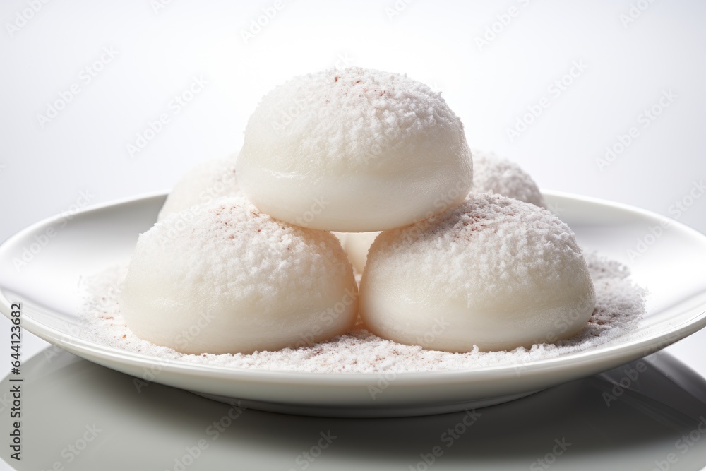 A white plate topped with three white mochi. Traditional Japanese sweets.