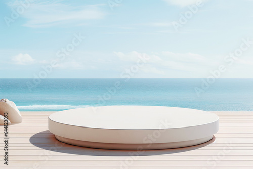 A circular product presentation platform against a serene coastal background with blue skies and seascape. Blank minimalist pedestal is perfect for displaying products.