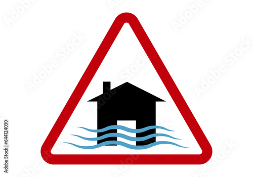 Icono de la señal de peligro inundación. Vivienda inundada, señal de peligro
