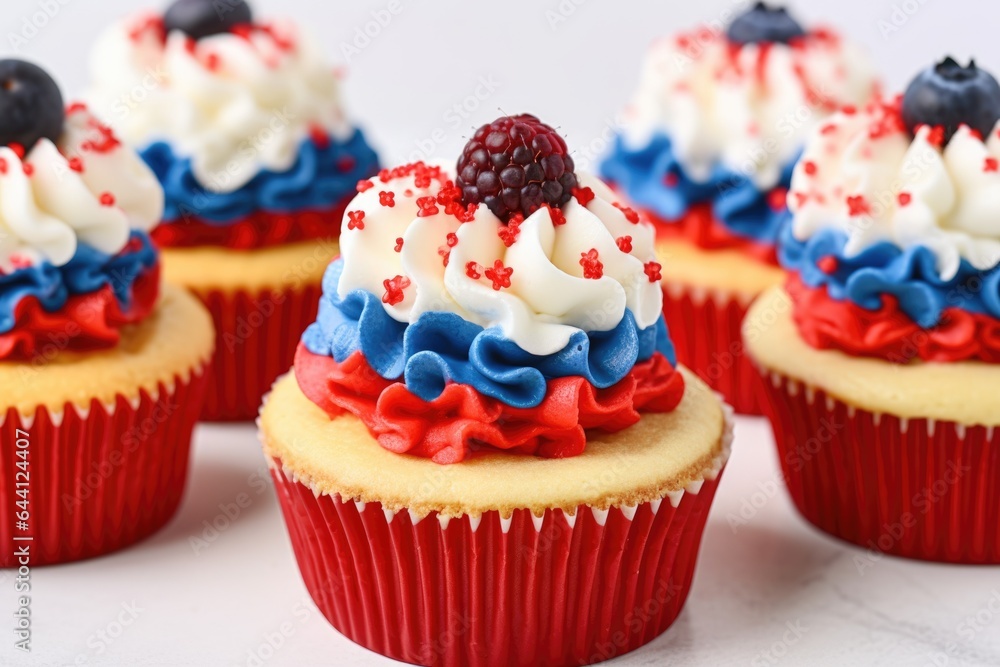 A close up of cupcakes with red, white and blue frosting. Digital image. Patriotic dessert in red, white and blue.