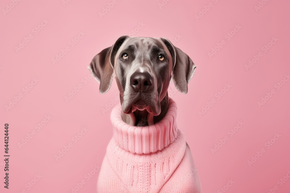 Group portrait photography of a funny great dane wearing a cashmere sweater against a peachy pink background. With generative AI technology - obrazy, fototapety, plakaty 