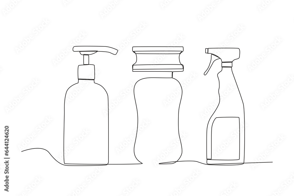 Chemical detergents and hygiene tools. Cleaning supplies one-line drawing Chemical detergents and hygiene tools. Cleaning supplies one-line drawing