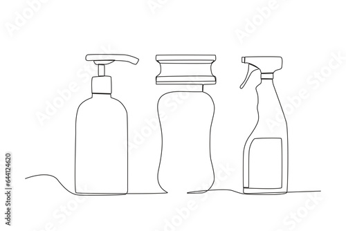 Chemical detergents and hygiene tools. Cleaning supplies one-line drawing