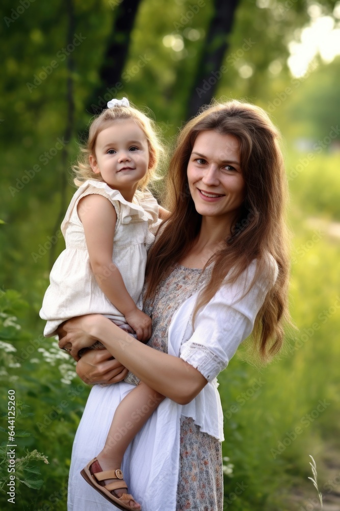 portrait of happy family and mother with little child holding child in nature portrait of happy family and mother with little child holding child in nature