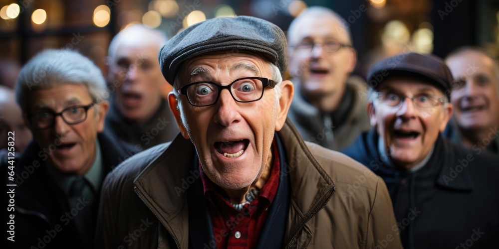 Group of elderly men have just heard something they've never heard before and opened their mouths. Generative AI Group of elderly men have just heard something they've never heard before and opened their mouths. Generative AI