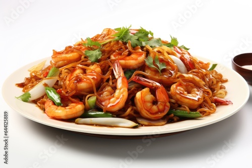 A white plate topped with shrimp and noodles. Digital image. Tasty Lo Mein dish.