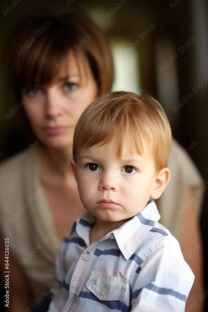 head and shoulders portrait of a cute little boy with his mother standing behind him in the background head and shoulders portrait of a cute little boy with his mother standing behind him in the background