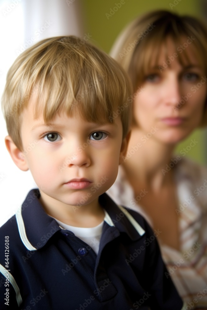 head and shoulders portrait of a cute little boy with his mother standing behind him in the background head and shoulders portrait of a cute little boy with his mother standing behind him in the background