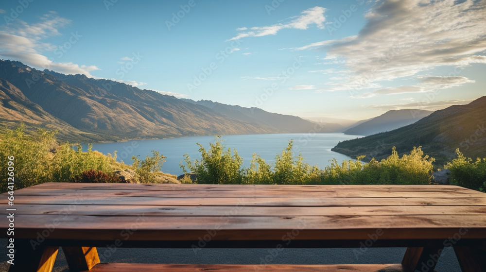 Obraz premium A wooden table sitting on top of a lush green hillside, Generative AI