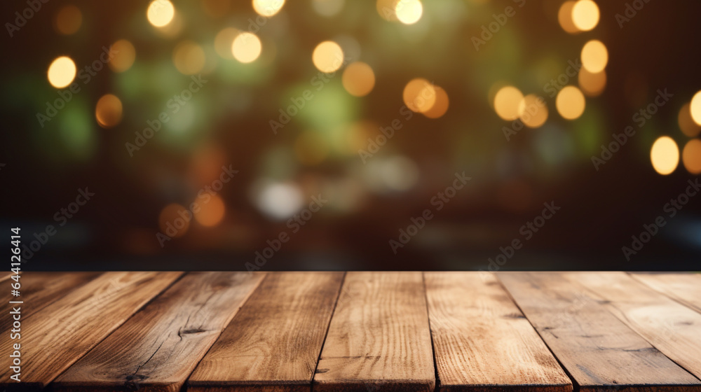A wooden table top with blurred lights in the background, Generative AI