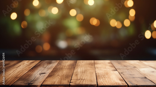 A wooden table top with blurred lights in the background, Generative AI