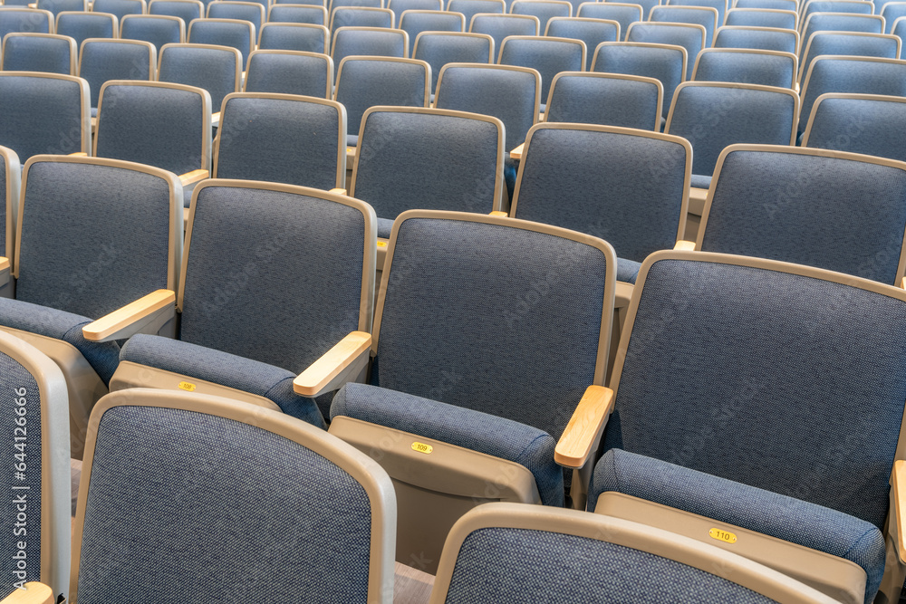 Fototapeta premium Empty gray and blue theater, auditorium seats, chairs.