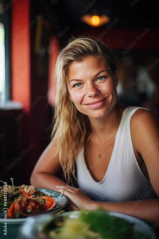portrait of an attractive woman enjoying a meal at a local restaurant