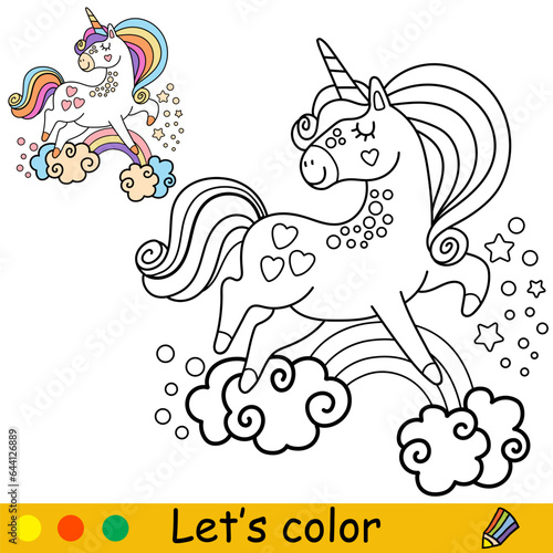 Cartoon doodle unicorn kids coloring vector illustration