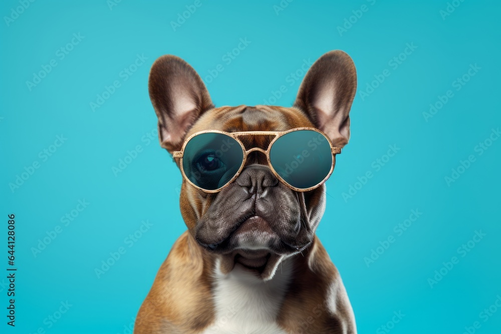 Lifestyle portrait photography of a tired french bulldog wearing a trendy sunglasses against a teal blue background. With generative AI technology