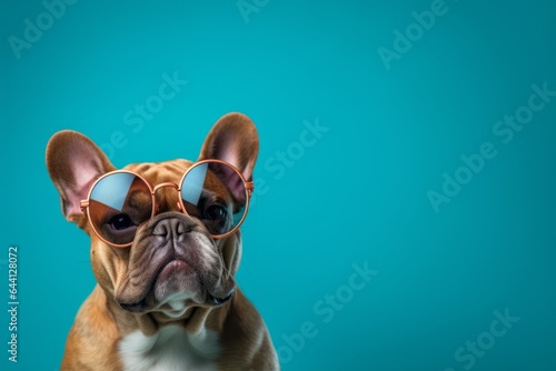 Lifestyle portrait photography of a tired french bulldog wearing a trendy sunglasses against a teal blue background. With generative AI technology © Markus Schröder