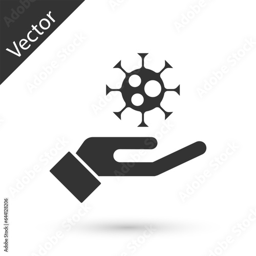 Grey Hand with virus icon isolated on white background. Corona virus 2019-nCoV. Bacteria and germs, cell cancer, microbe, fungi. Vector.