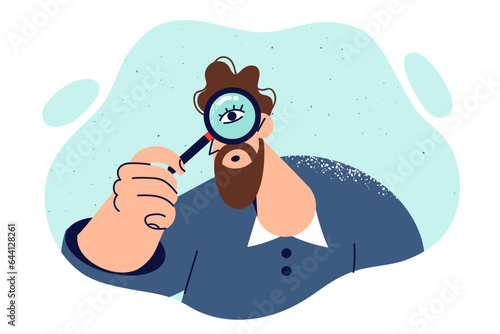 Curious man holding magnifying glass, working as detective and searching crime scene