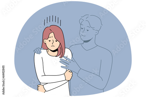 Invisible man hugging upset lonely woman missing love or relationships. Sad girl with male lover silhouette. Loneliness and breakup concept. Vector illustration.