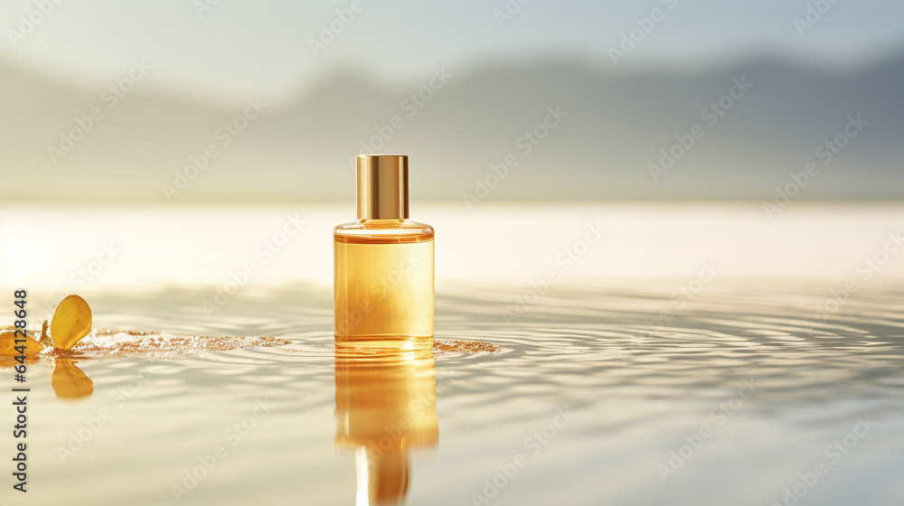 A sleek, unmarked skincare bottle peacefully adrift in glistening golden waters, radiating purity and elegance. - obrazy, fototapety, plakaty 