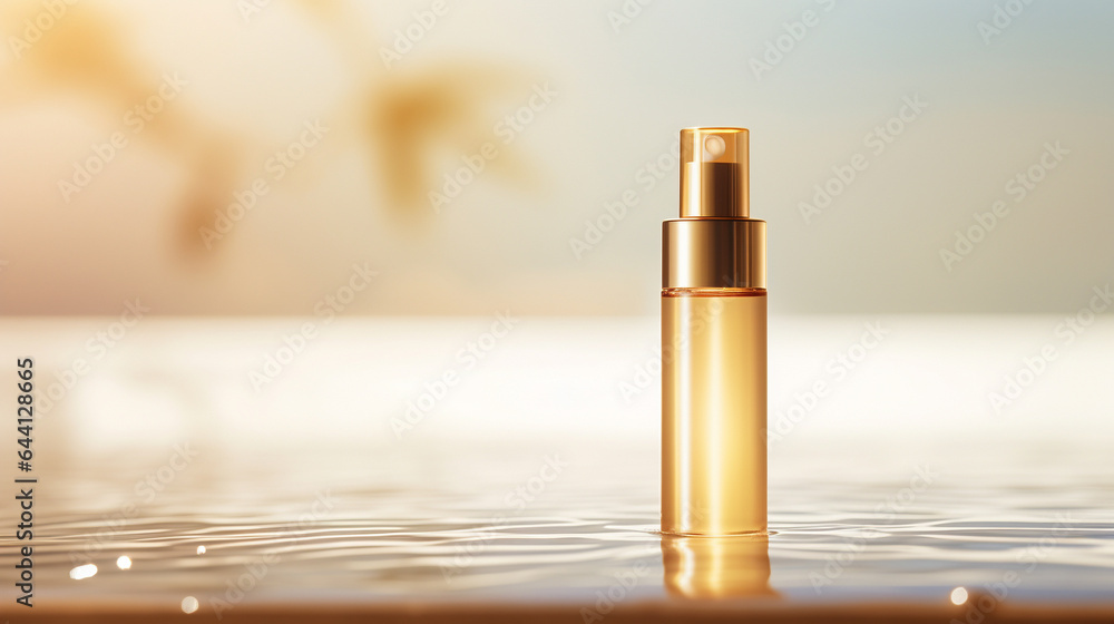 Fototapeta premium A minimalistic skincare bottle rests in radiant golden waters, exuding simplicity and elegance.