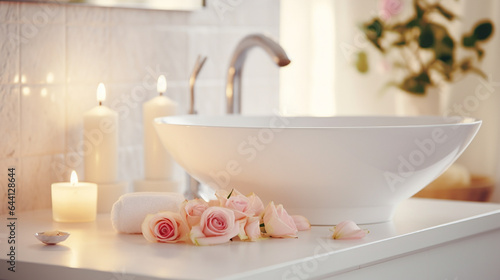 A stylish white bathroom featuring a vessel sink, roses, and candles, setting a romantic and Zen-like mood.