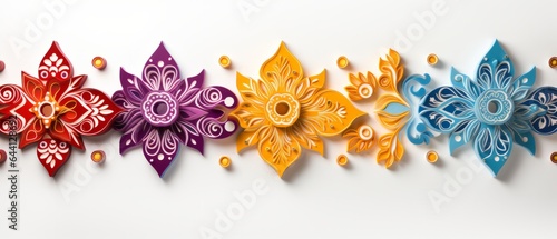 A colourful photo of traditional diwali rangoli designs on a white background with copy space - Created with generative AI technology © AI Visual Vault