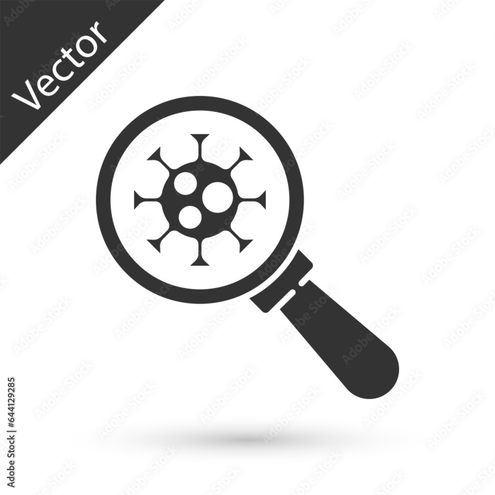 Grey Virus under magnifying glass icon isolated on white background. Corona virus 2019-nCoV. Bacteria and germs, microbe, fungi. Vector. Grey Virus under magnifying glass icon isolated on white background. Corona virus 2019-nCoV. Bacteria and germs, microbe, fungi. Vector.