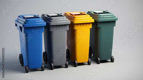 Colored containers for separate waste collection on gray background. Caring about an environment, separating garbage into different containers © petrrgoskov