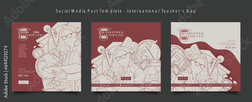 Social media post with flat illustration design of learning tools and teacher for teacher's day