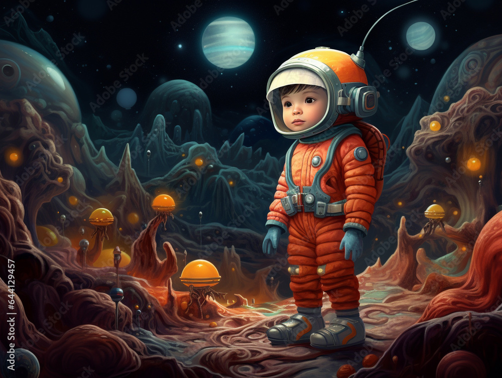 An Illustration of a Child Dressed as an Astronaut, Trick-or-Treating on a Fanciful Alien Planet