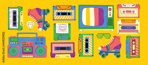 80's and 90's pop art style sticker set with disco equipment and retro objects in colorful vintage style. Boombox, record player and other flat isolated vector illustrations