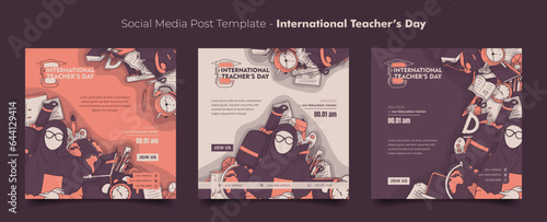 Social media template for teacher's day with Illustration of female teacher and learning tools