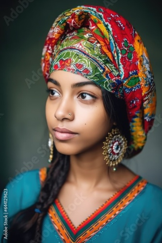 cropped shot of a young ethnic woman wearing colorful traditional headwear