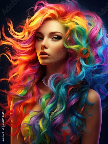 Attractive beautiful girl with colored rainbow colored hair