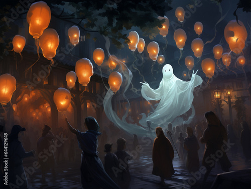 An Illustration of a Ghostly Parade with Floating Lanterns and Spectral Performers