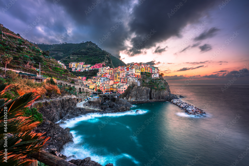 Famous city of Manarola with sunrise view, Cinque Terre, Liguria, Italy
