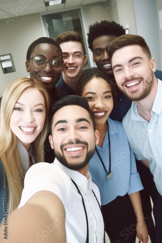 shot of a group of colleagues taking selfies at work