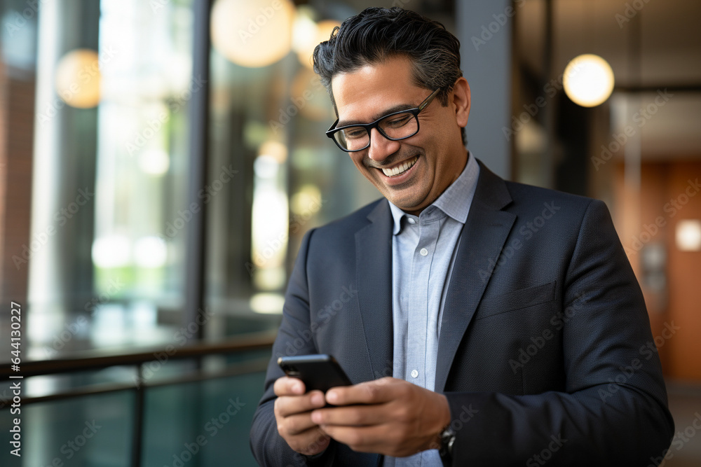 A close-up of a smiling, mature businessman, either Latin or Indian, using a smartphone in his office for digital business solutions. A close-up of a smiling, mature businessman, either Latin or Indian, using a smartphone in his office for digital business solutions.