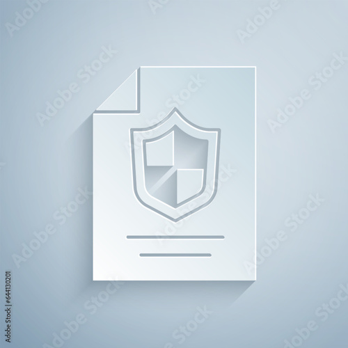 Paper cut Contract with shield icon isolated on grey background. Insurance concept. Security, safety, protection, protect concept. Paper art style. Vector.