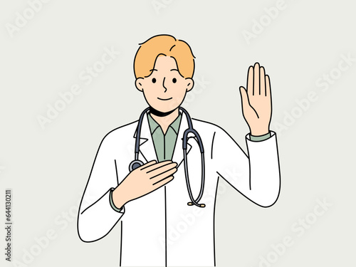 Doctor pronounces hippocratic oath and puts hand on heart, promising to follow medical rules. Doctor in white coat with stethoscope around neck takes oath and dreams of becoming good healer
