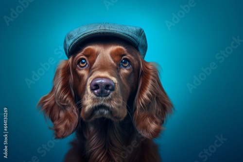 Photography in the style of pensive portraiture of a cute cocker spaniel wearing a cool cap against a soft blue background. With generative AI technology
