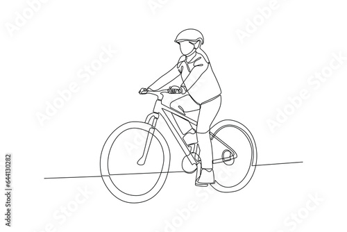 Continuous one line drawing People riding bikes on city street concept. Doodle vector illustration.
