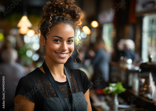 Young woman waiter ready to take orders. Coffee shop  barista and confident  happy and proud young female employee  worker or small business owner of cafeteria.